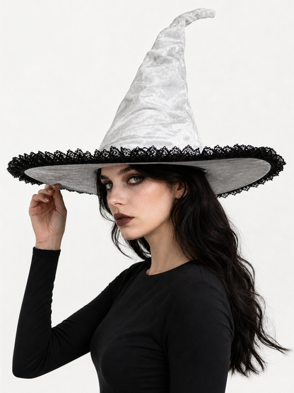 Light Gray White Halloween Witch Hat with Black Lace Trim, Tall Bent Pointed Crown and Wide Brim for Witch Cosplay Costume Party