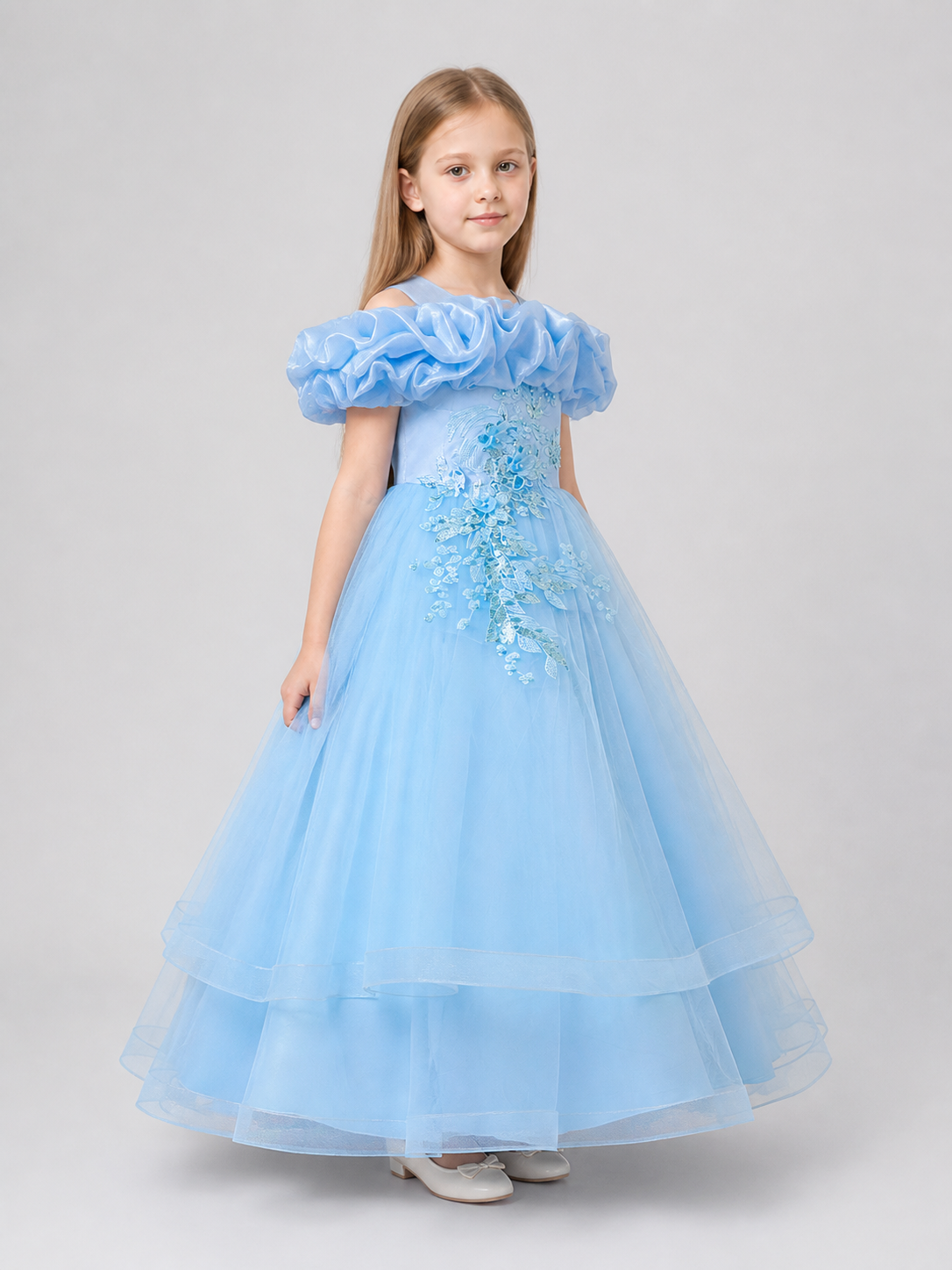 Full-Skirted Blue Dress with Sequins and Embroidery
