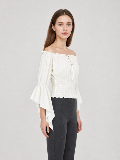 Off-the-Shoulder Lace-Up Crop Blouse