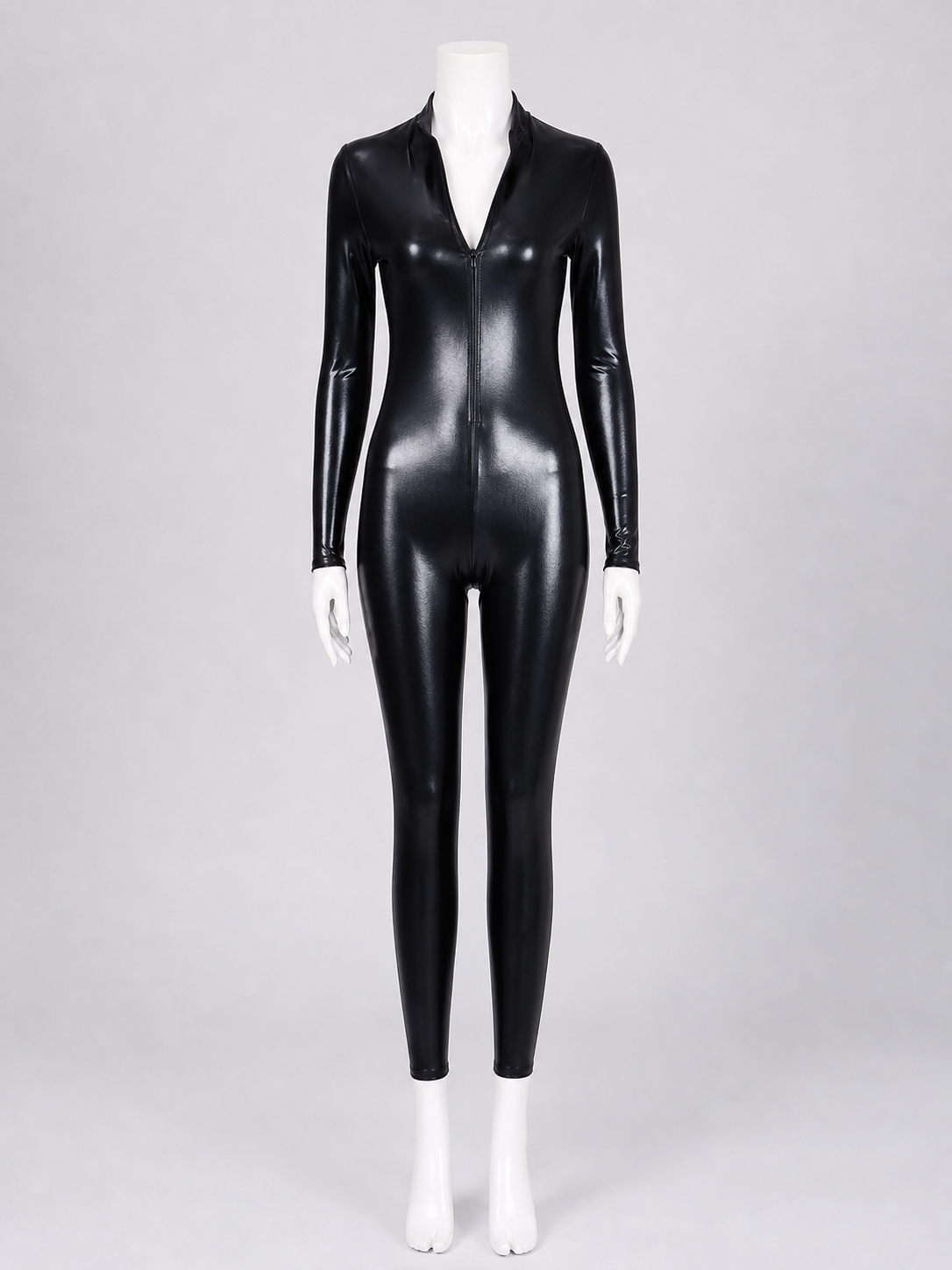 Black Glossy Long-Sleeve Jumpsuit