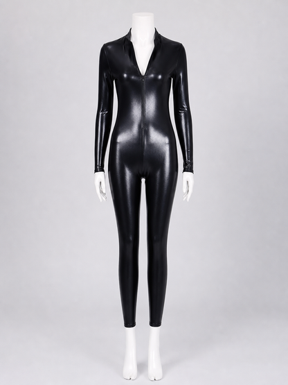 Black Glossy Long-Sleeve Jumpsuit