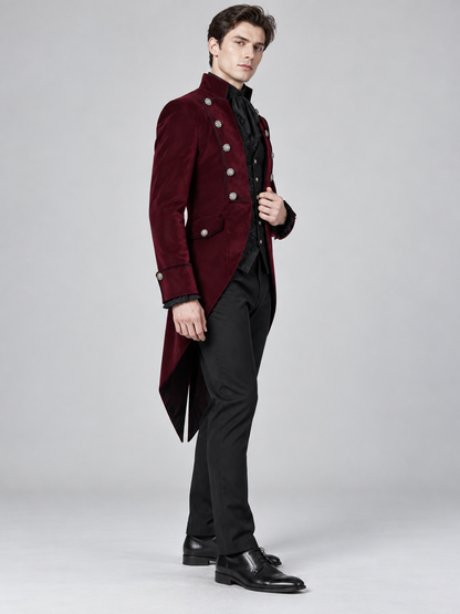 Burgundy double-breasted tailcoat with a stand collar and tails