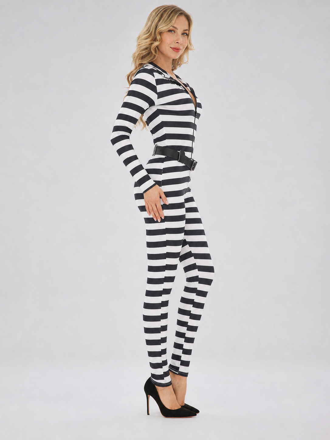 Striped Jumpsuit with Hood, Zipper, and Belt