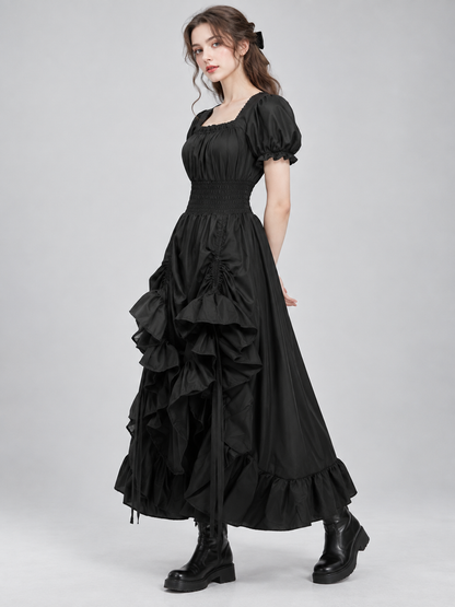 Black Square-Neck Dress with Puff Sleeves