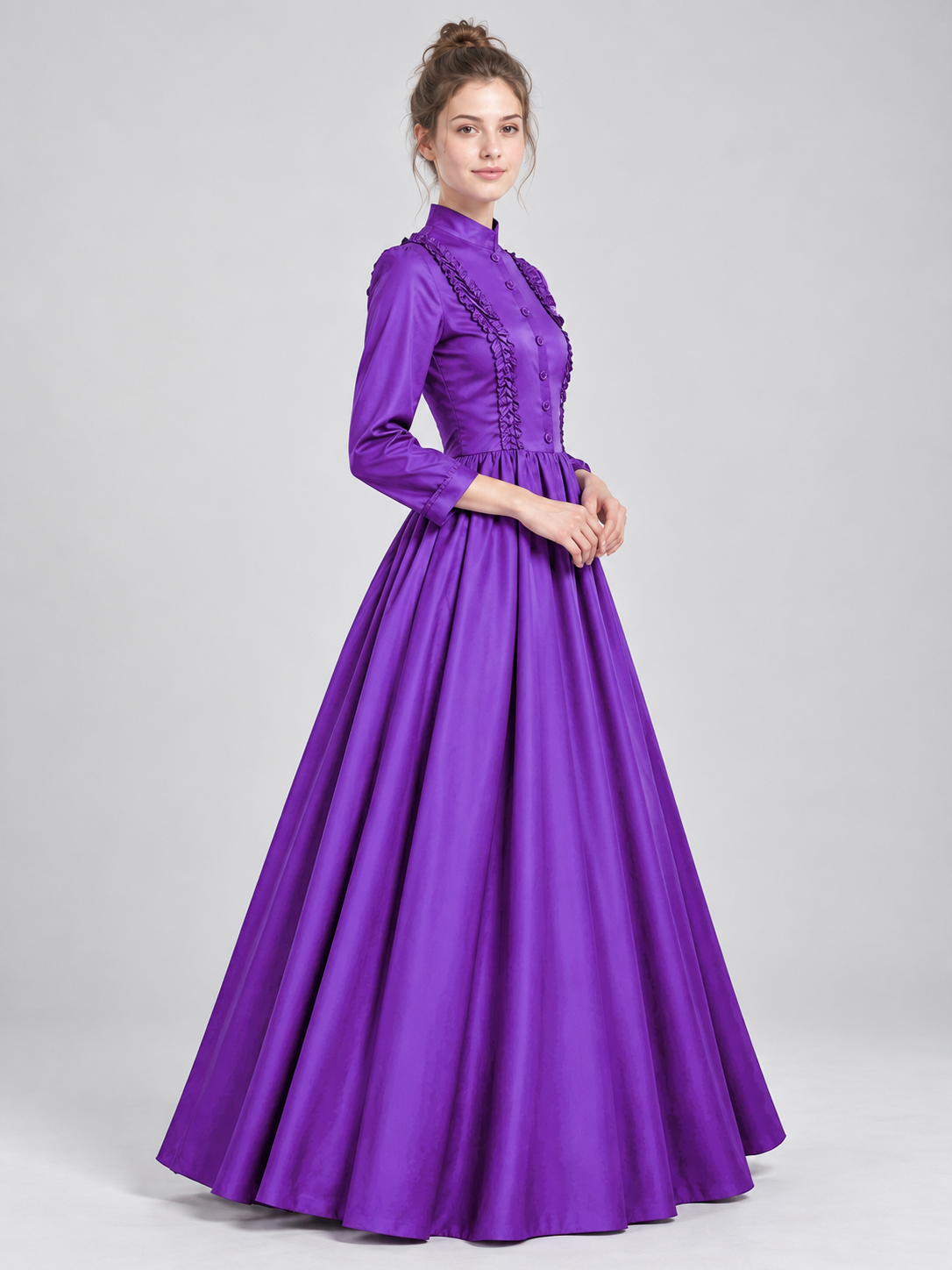 Purple Floor-Length Dress with High Collar and Lace