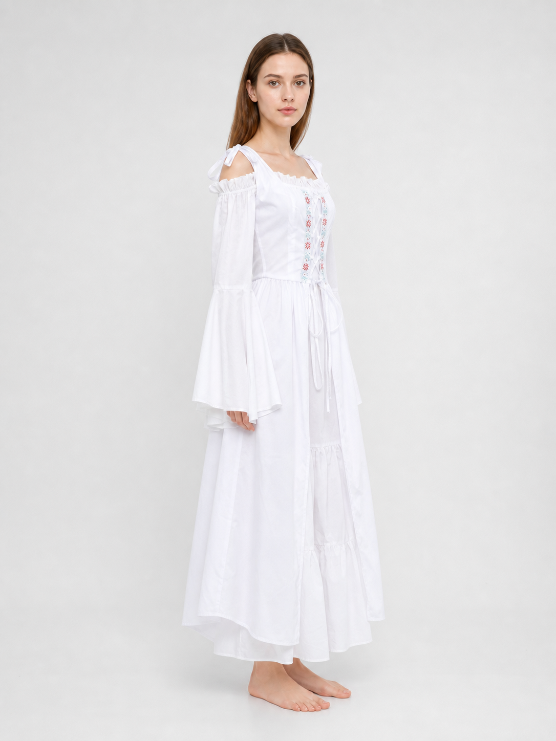 Retro-Style Embroidered Lace-Up Maxi Dress