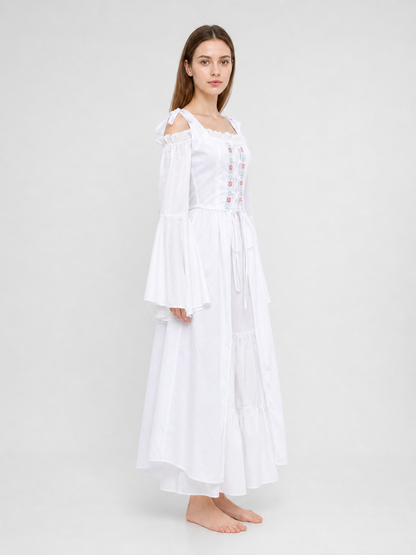 Retro-Style Embroidered Lace-Up Maxi Dress
