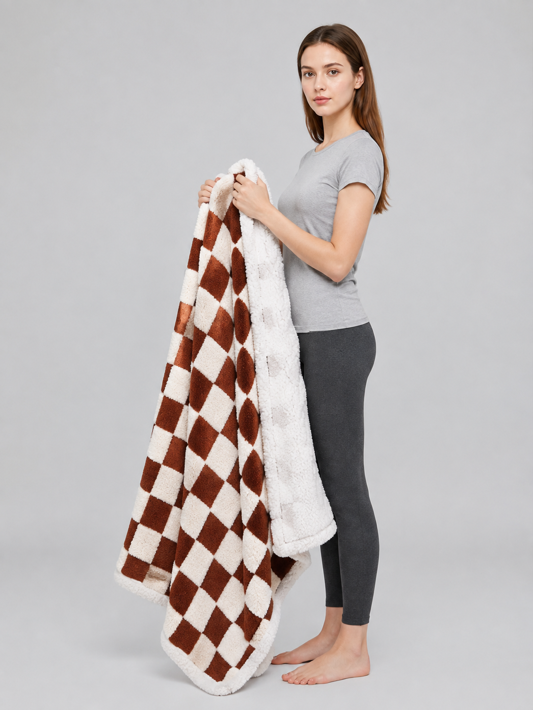 Double-Sided Dog Blanket in Brown-and-Cream Plaid side view