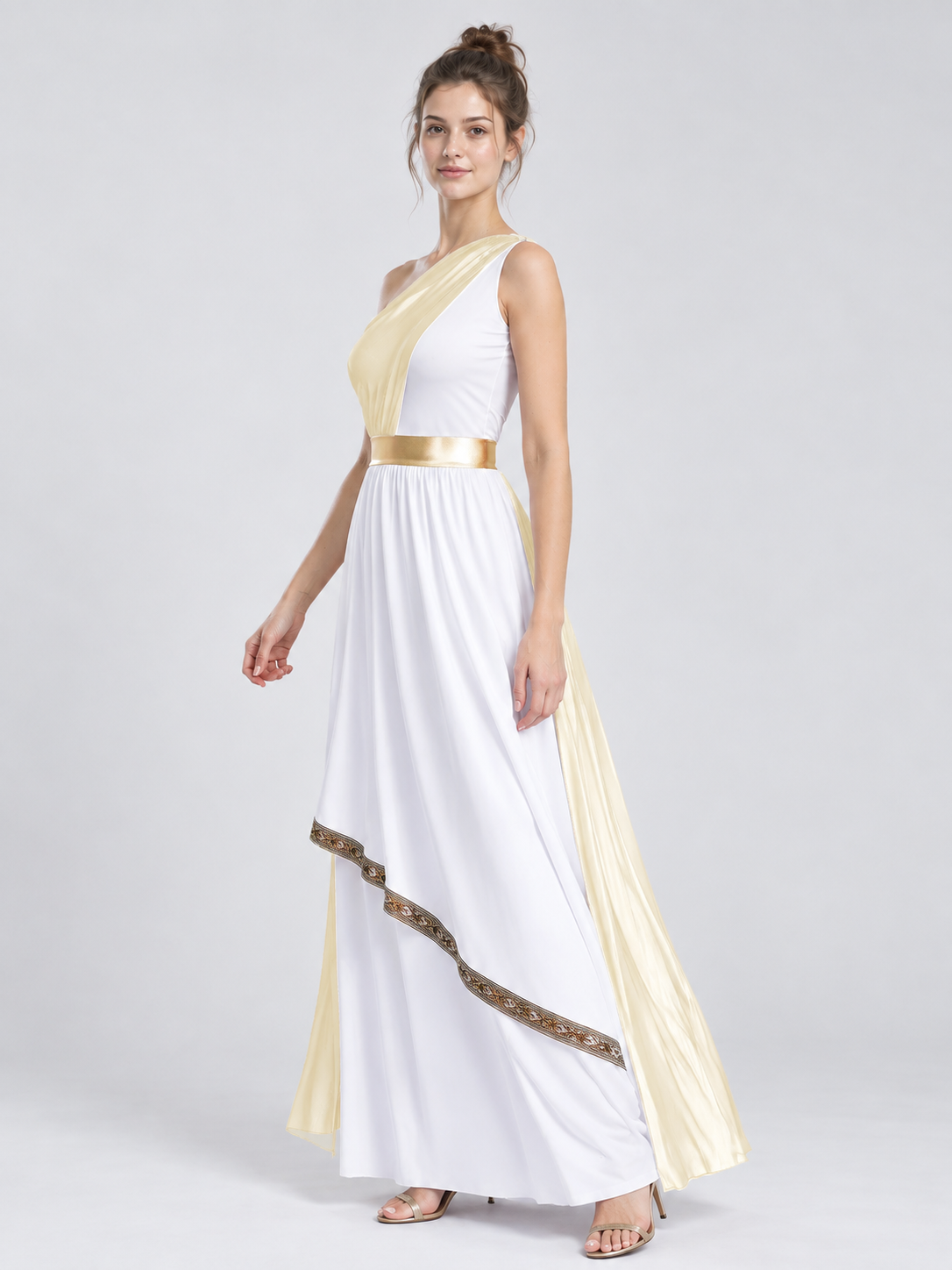Floor-Length One-Shoulder Dress with Drapery and Belt