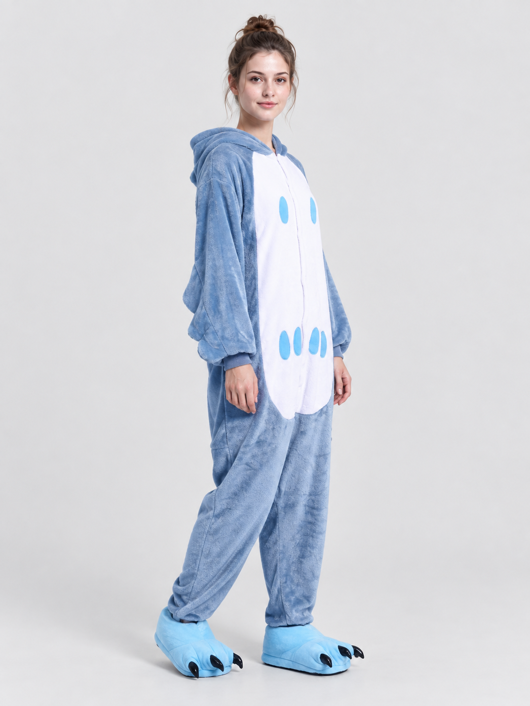 Gray-Blue Flannel Hooded Pajama Jumpsuit