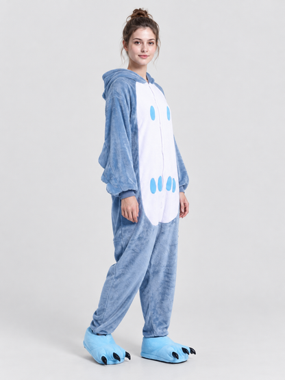 Gray-Blue Flannel Hooded Pajama Jumpsuit