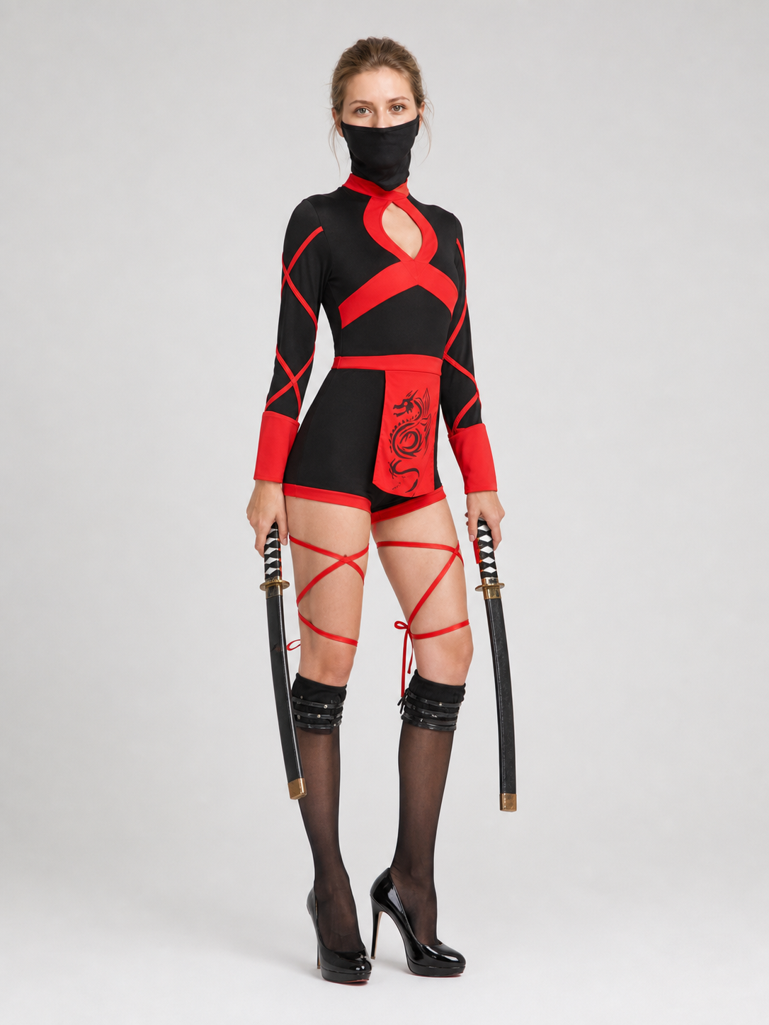 Ninja Cosplay Costume with Mask, Black and Red side view