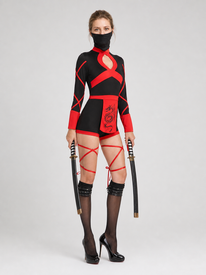 Ninja Cosplay Costume with Mask, Black and Red side view