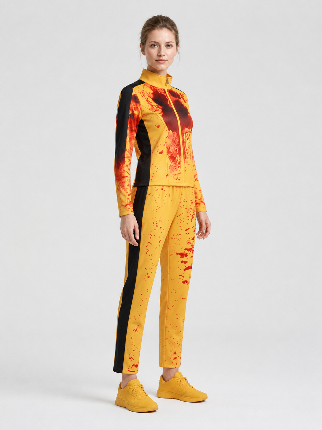 Yellow cosplay tracksuit with blood print side view