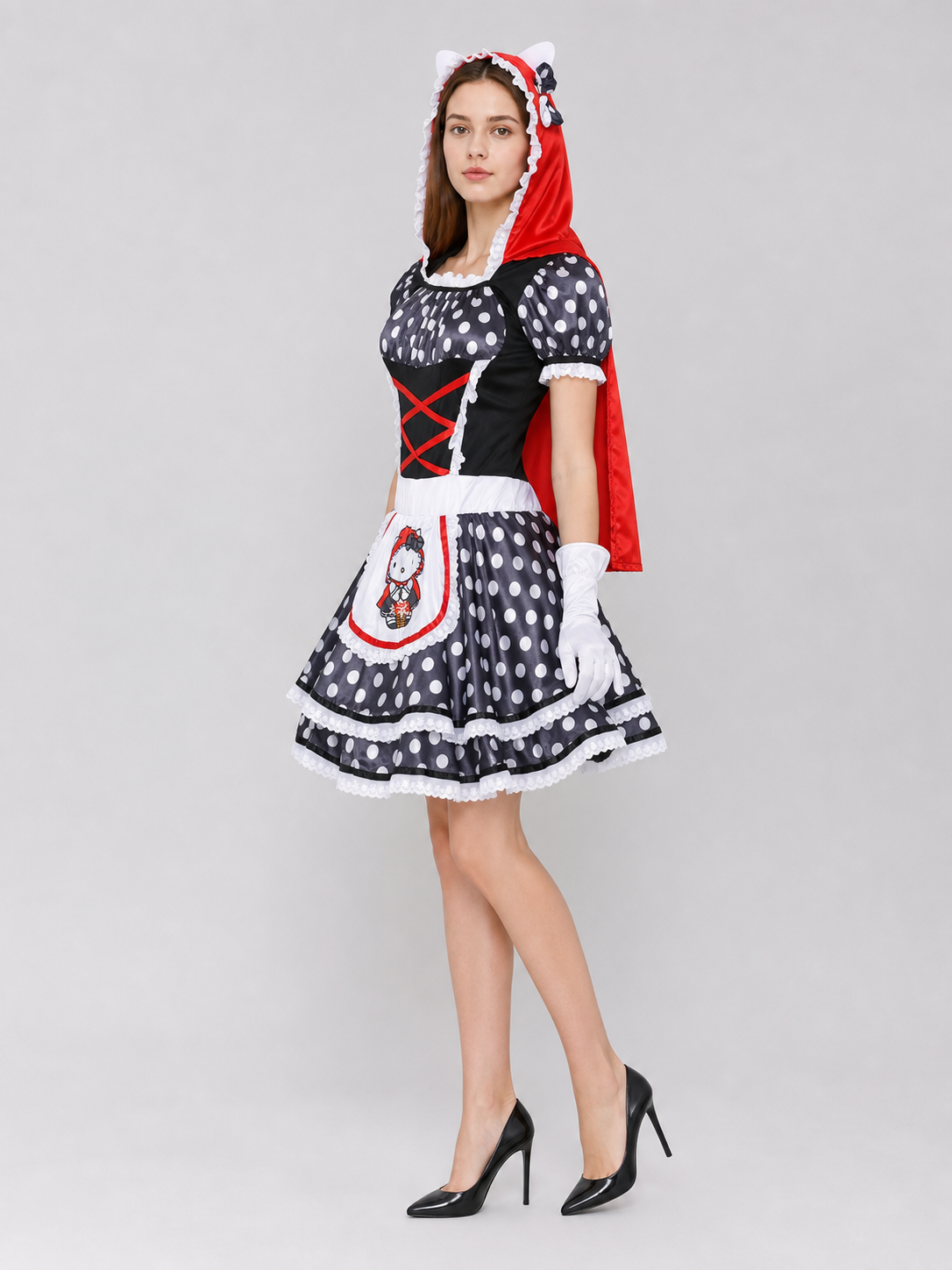 Little Red Riding Hood Dress with Hood and Gloves side view