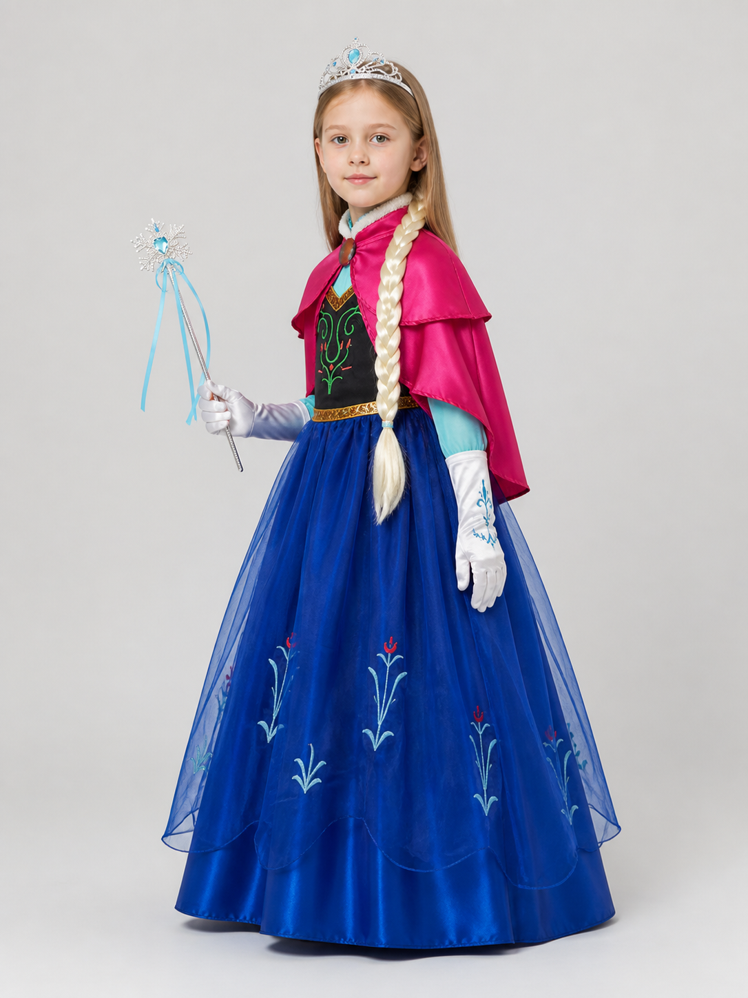 Snow Queen Costume, Dress with Cape, Crown, and Wig side view