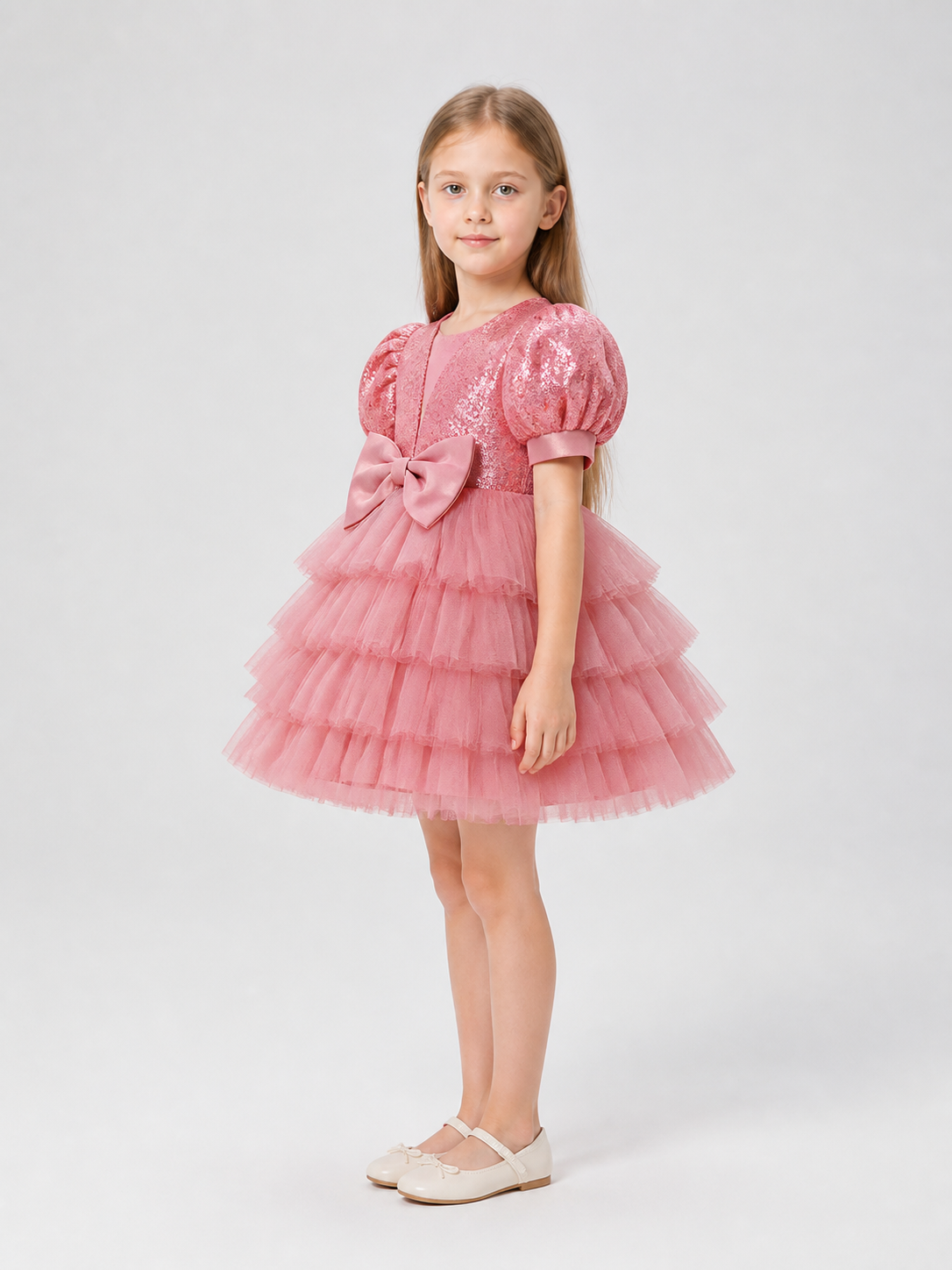 Pink Party Dress with Sequins and a Full Skirt side view