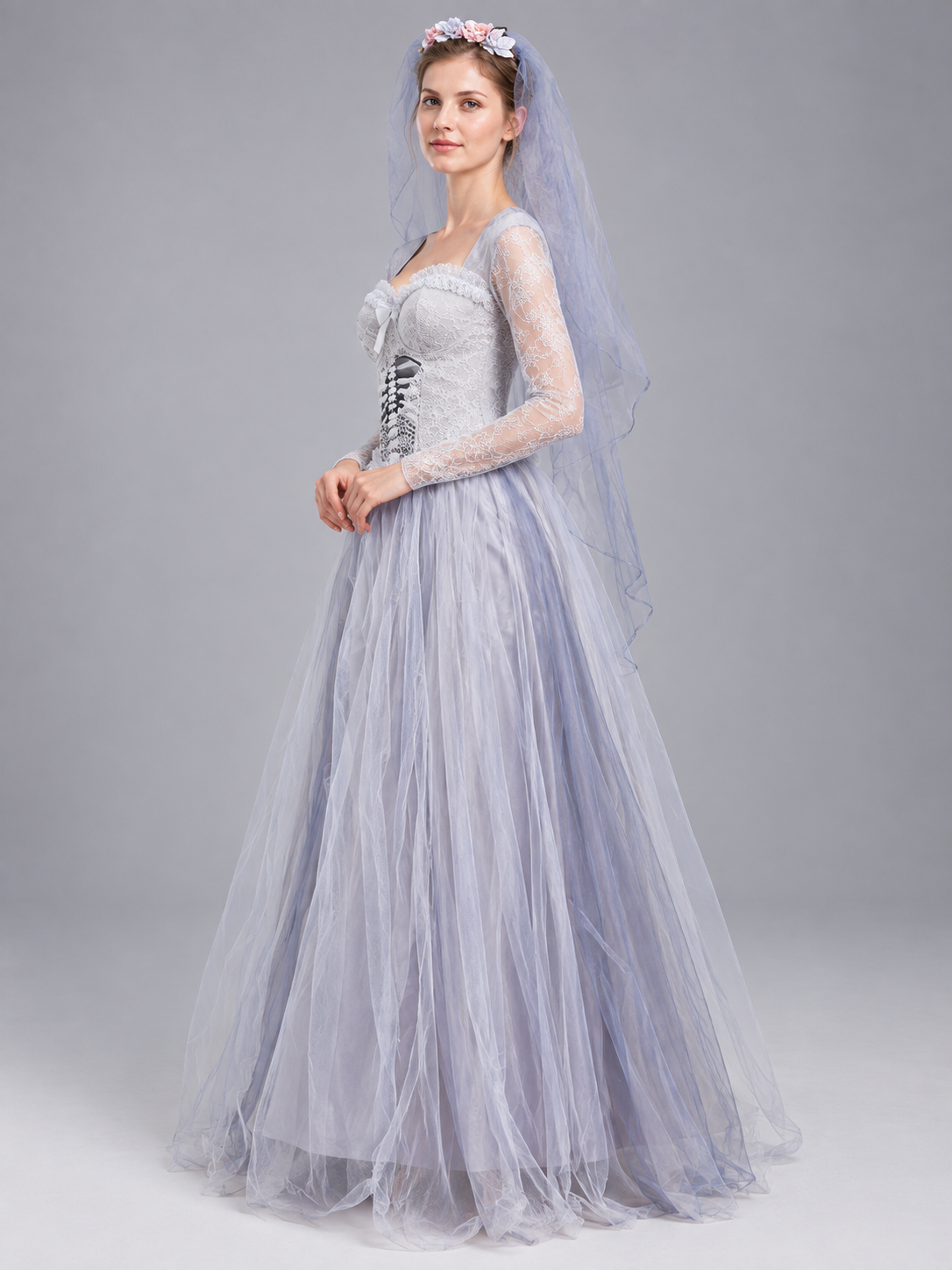 Costume Dress with Veil and Floral Wreath side view