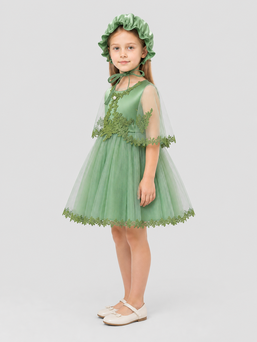 Dress Set with Hat, Green, Tulle side view