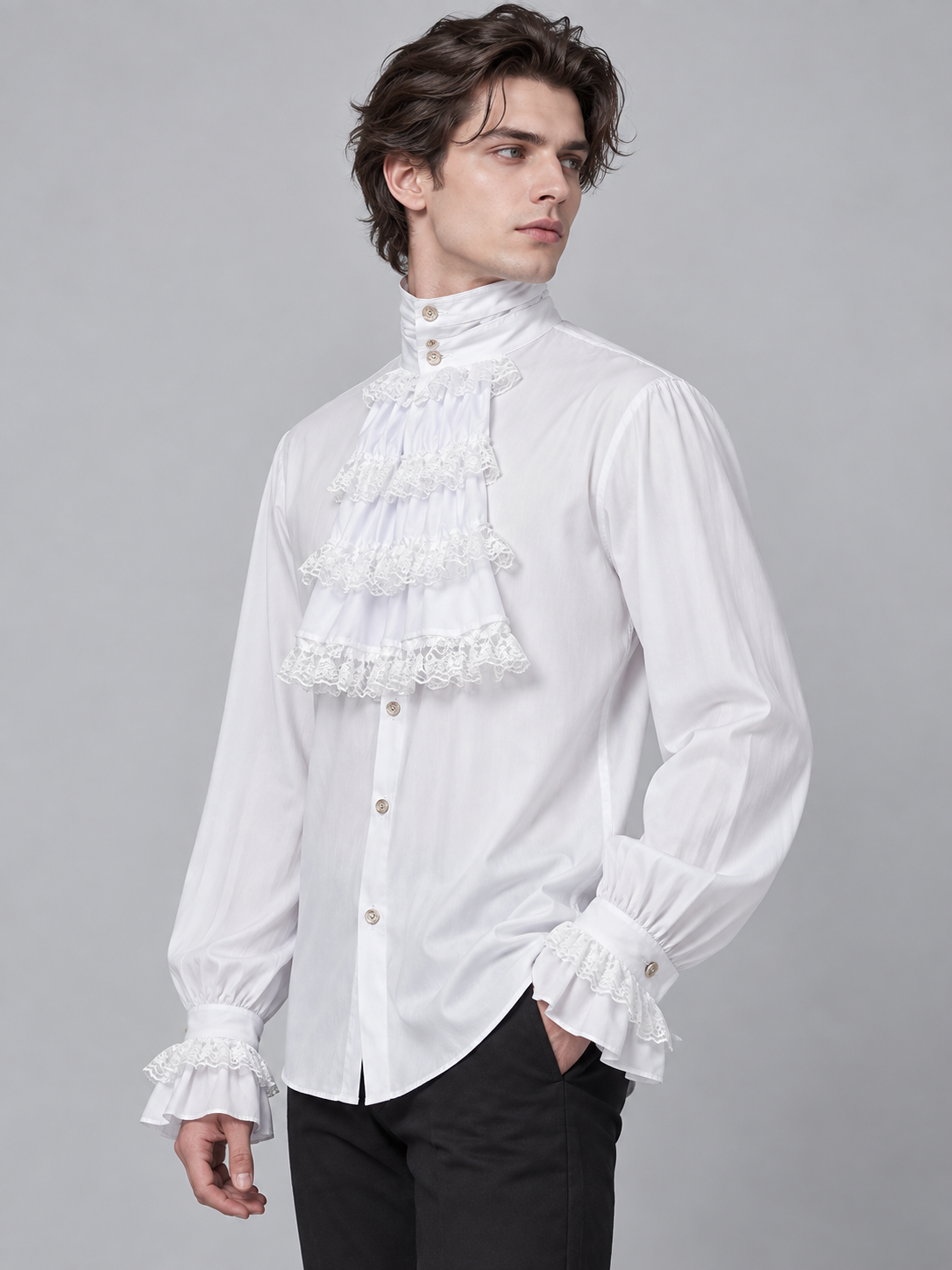 White shirt with a jabot, ruffles and a high collar