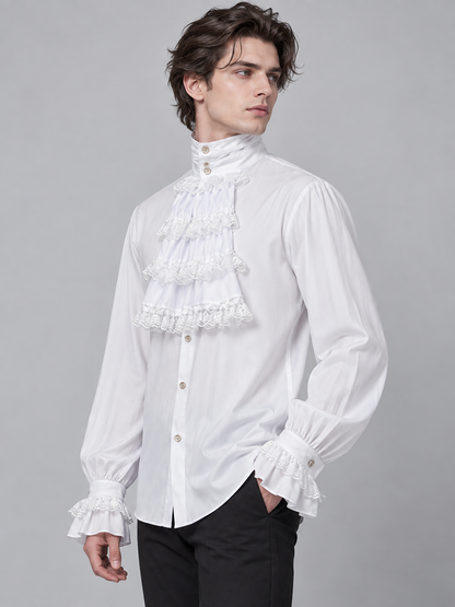 White shirt with a jabot, ruffles and a high collar