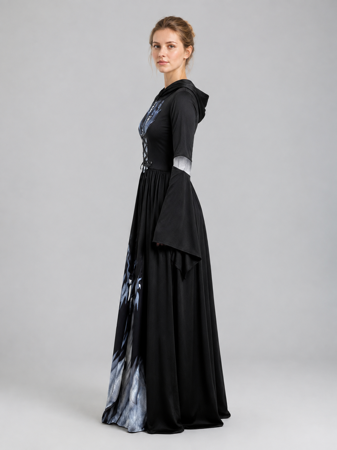 Floor-Length Gothic Hooded Dress with Lace-Up Detail side view