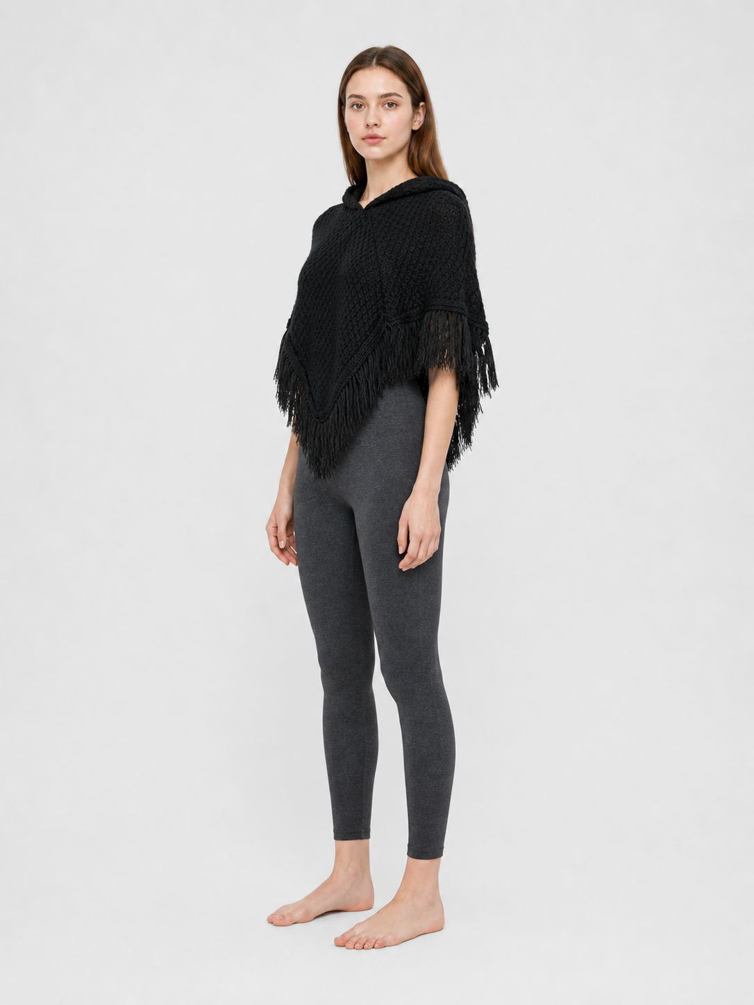 Black hooded fringed knit poncho product view 20