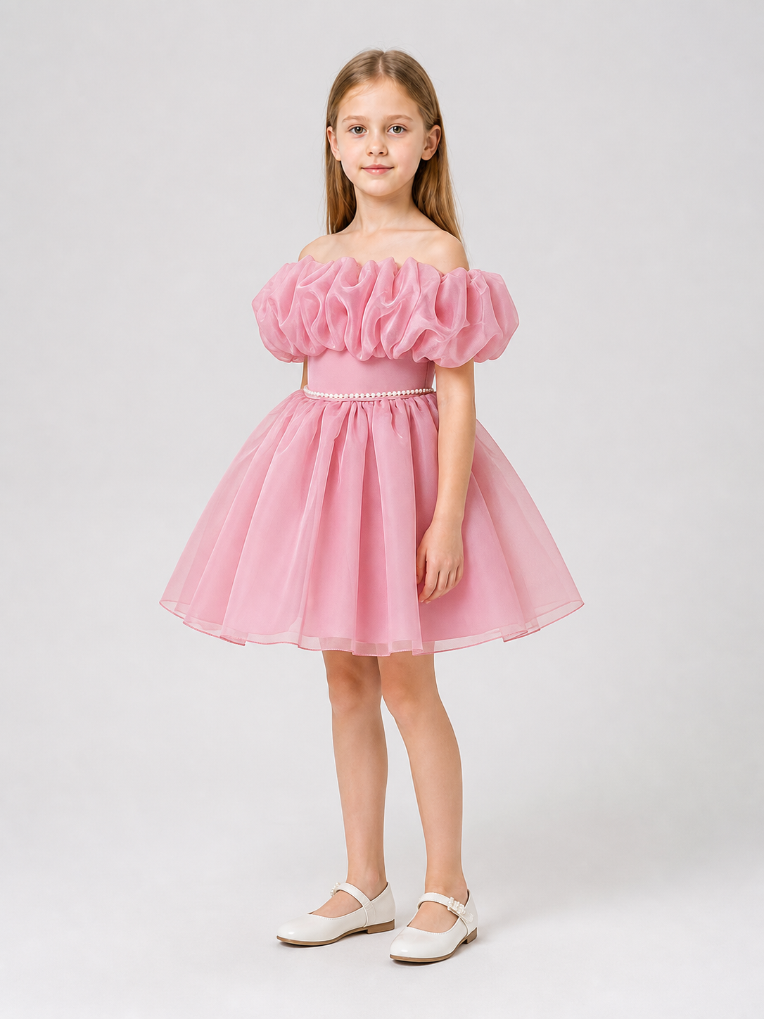 Girls' Tutu Dress with a Full Skirt and Pearl Waist Belt side view