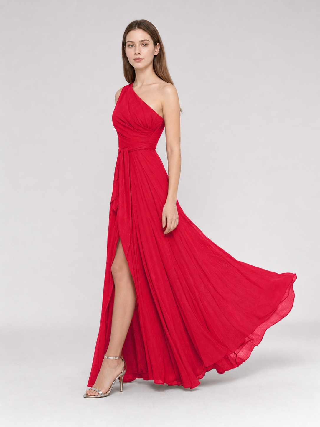Red Asymmetrical Maxi Evening Dress with Train