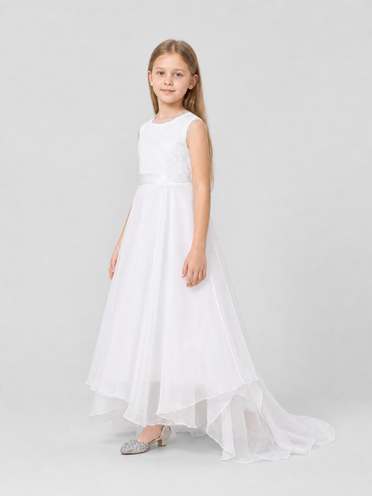 White Princess Dress with a Bow and Full Skirt side view