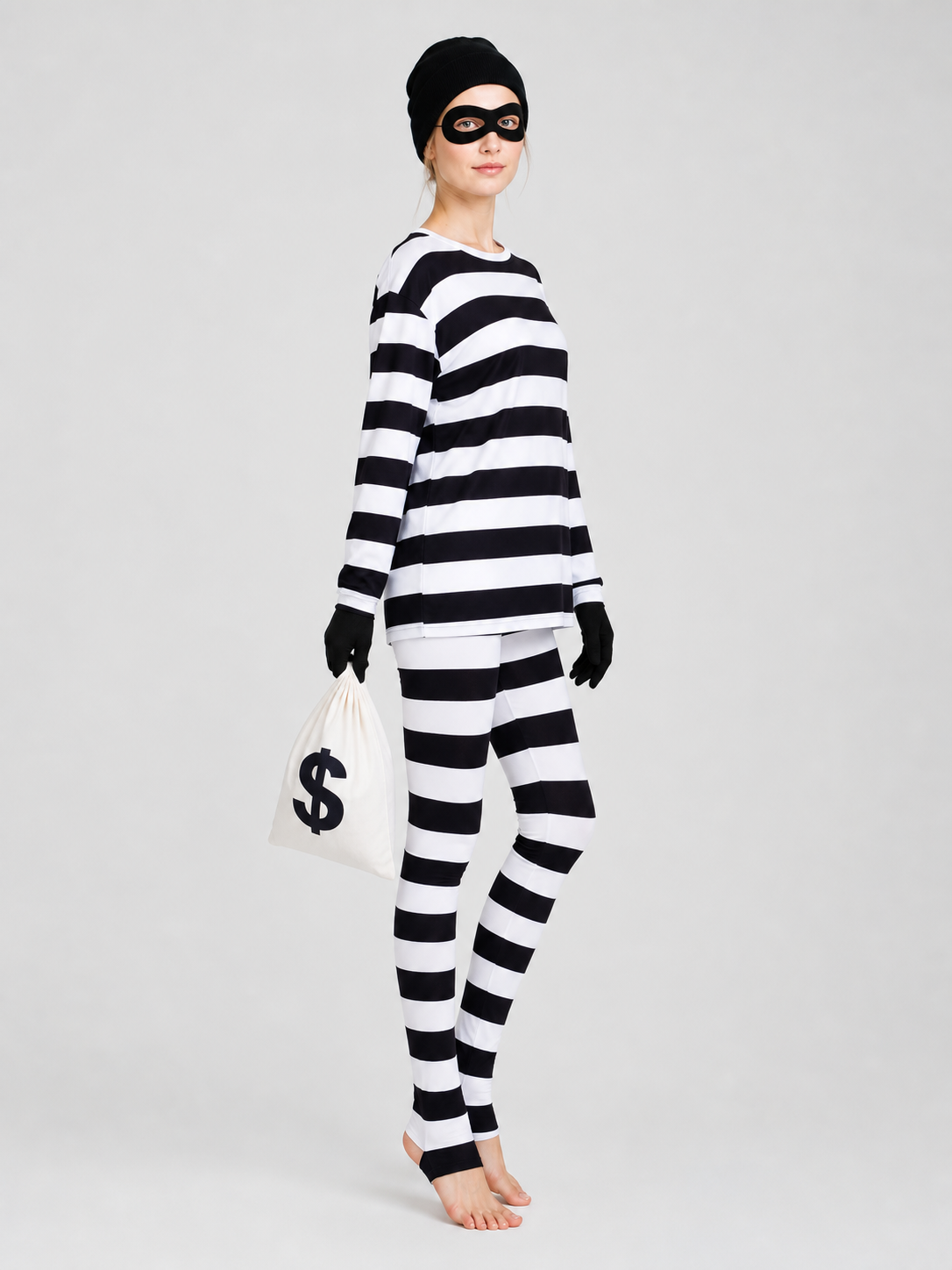 Black-and-White Striped Thief Character Costume side view