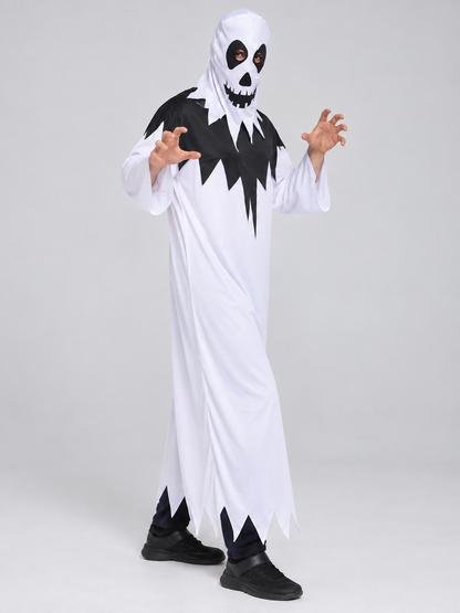 White Carnival Costume with Skull and Black Trim side view