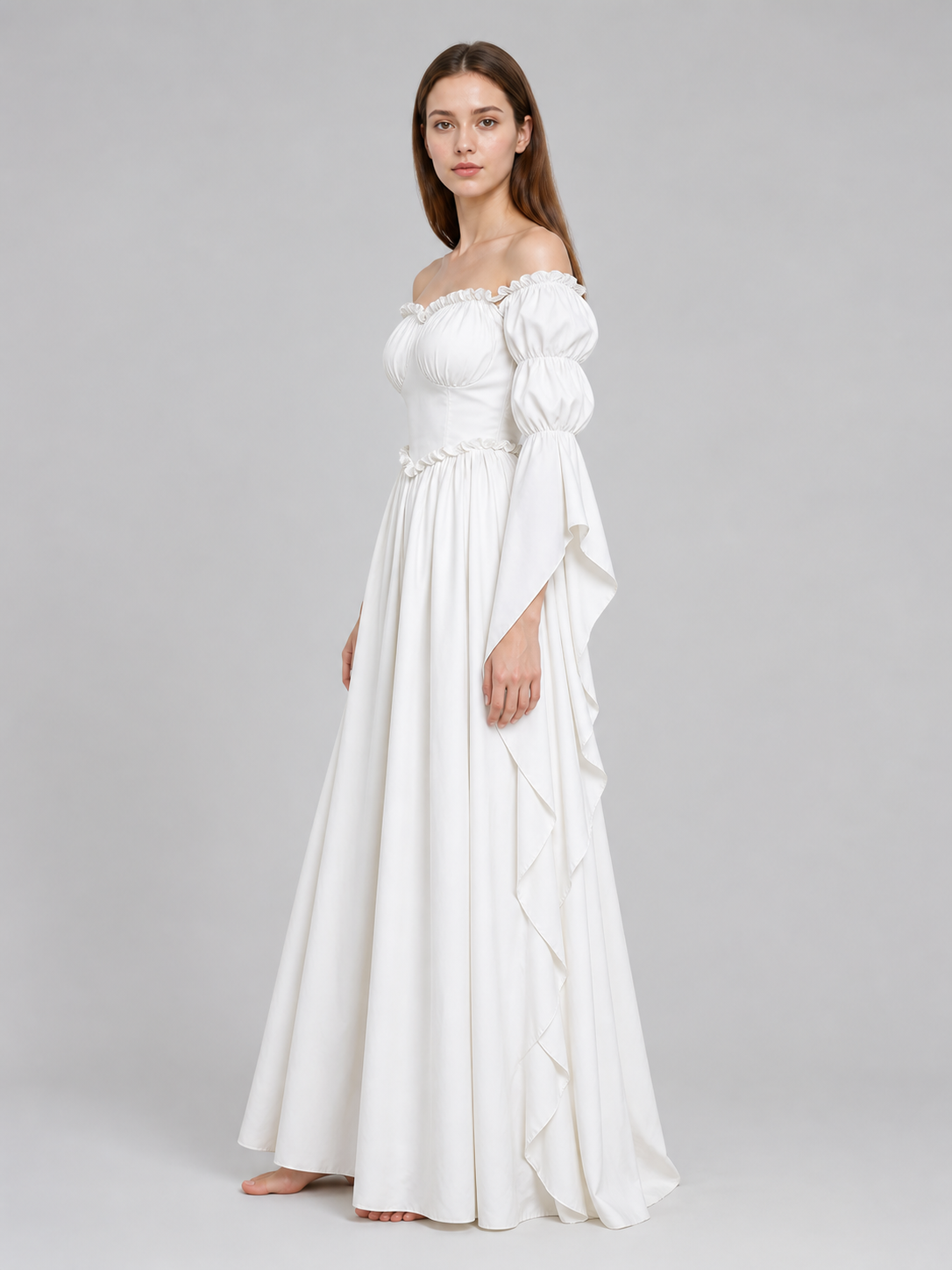 White vintage-style dress with puff sleeves