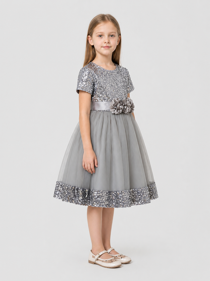 Dressy Sequin Dress with 3D Flowers and Full Skirt