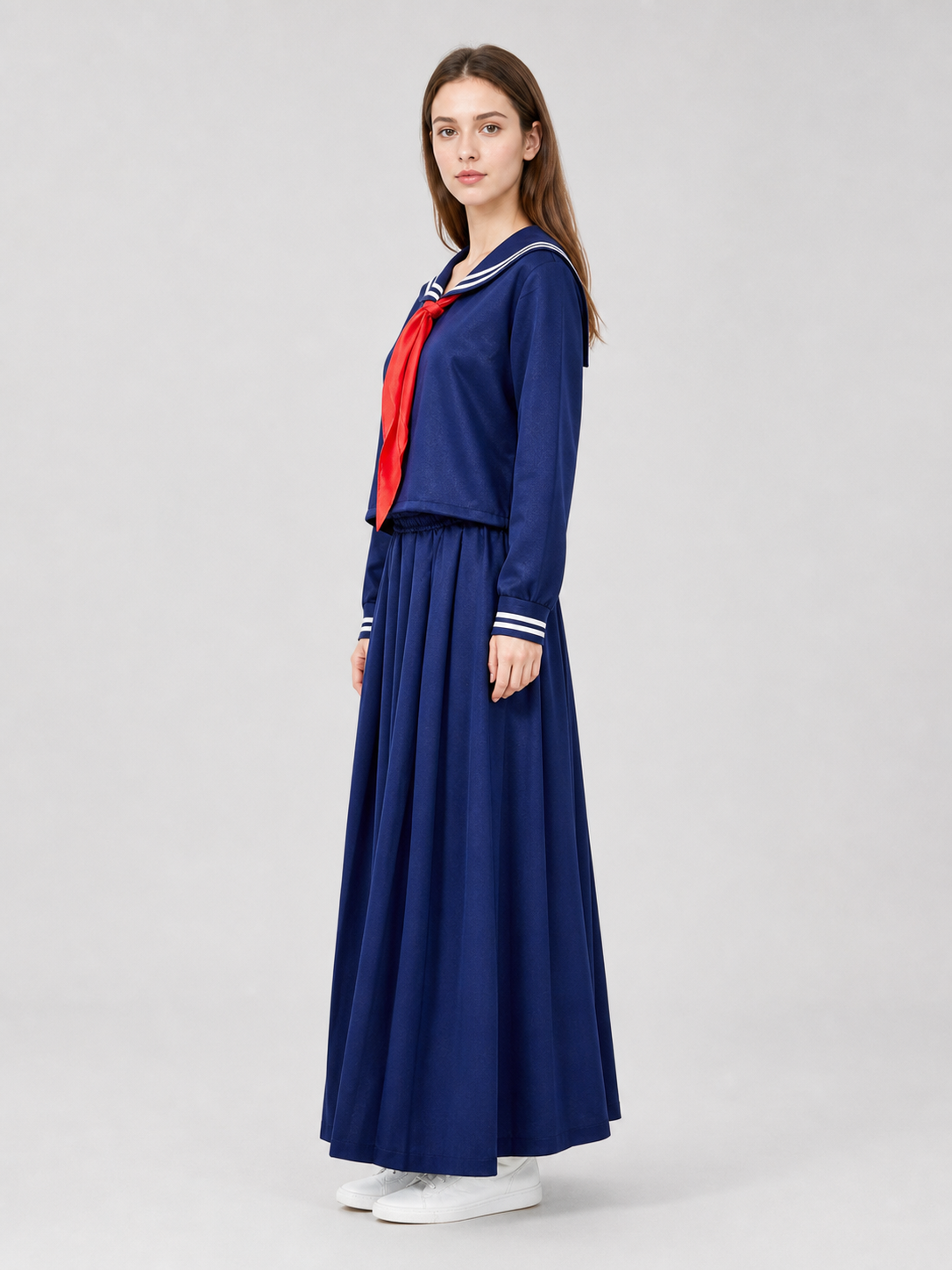 Sailor-style costume with a long pleated skirt