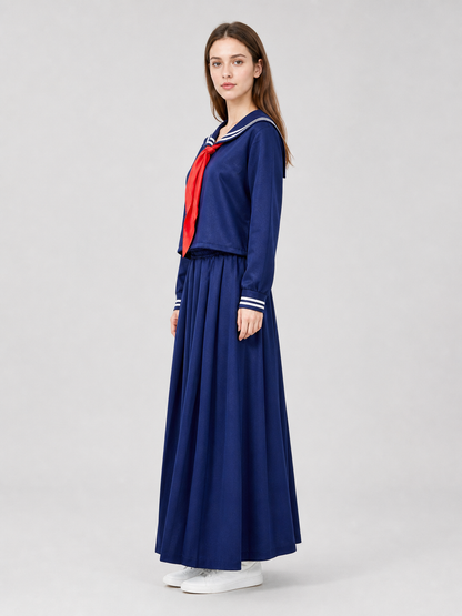 Sailor-style costume with a long pleated skirt