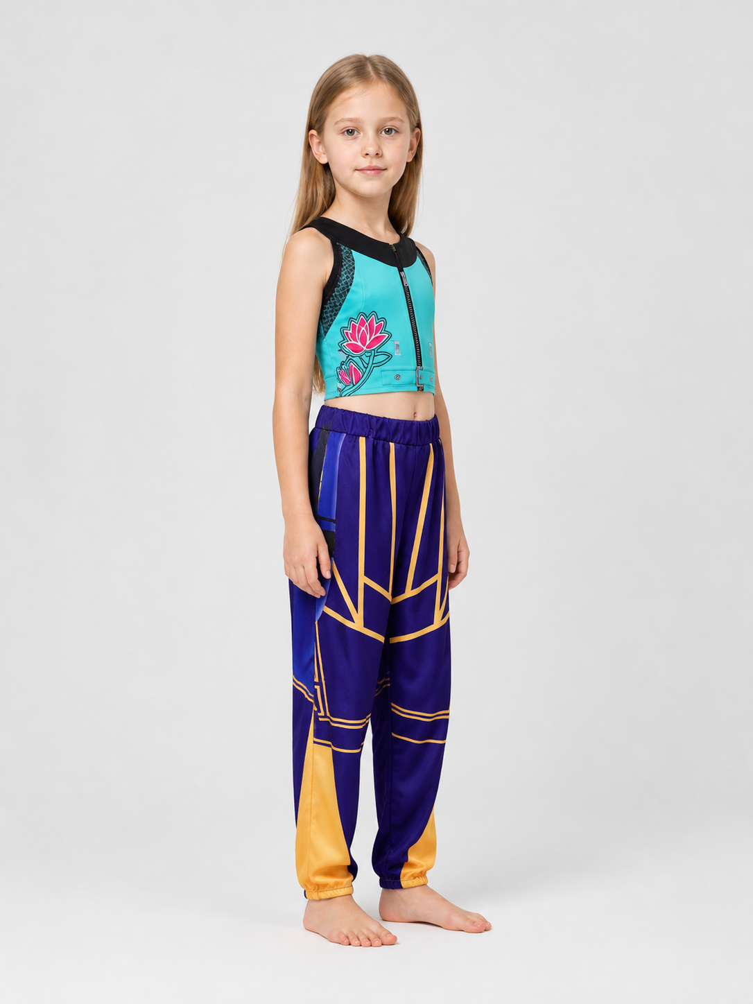 Children's demon hunter costume with a top and pants side view