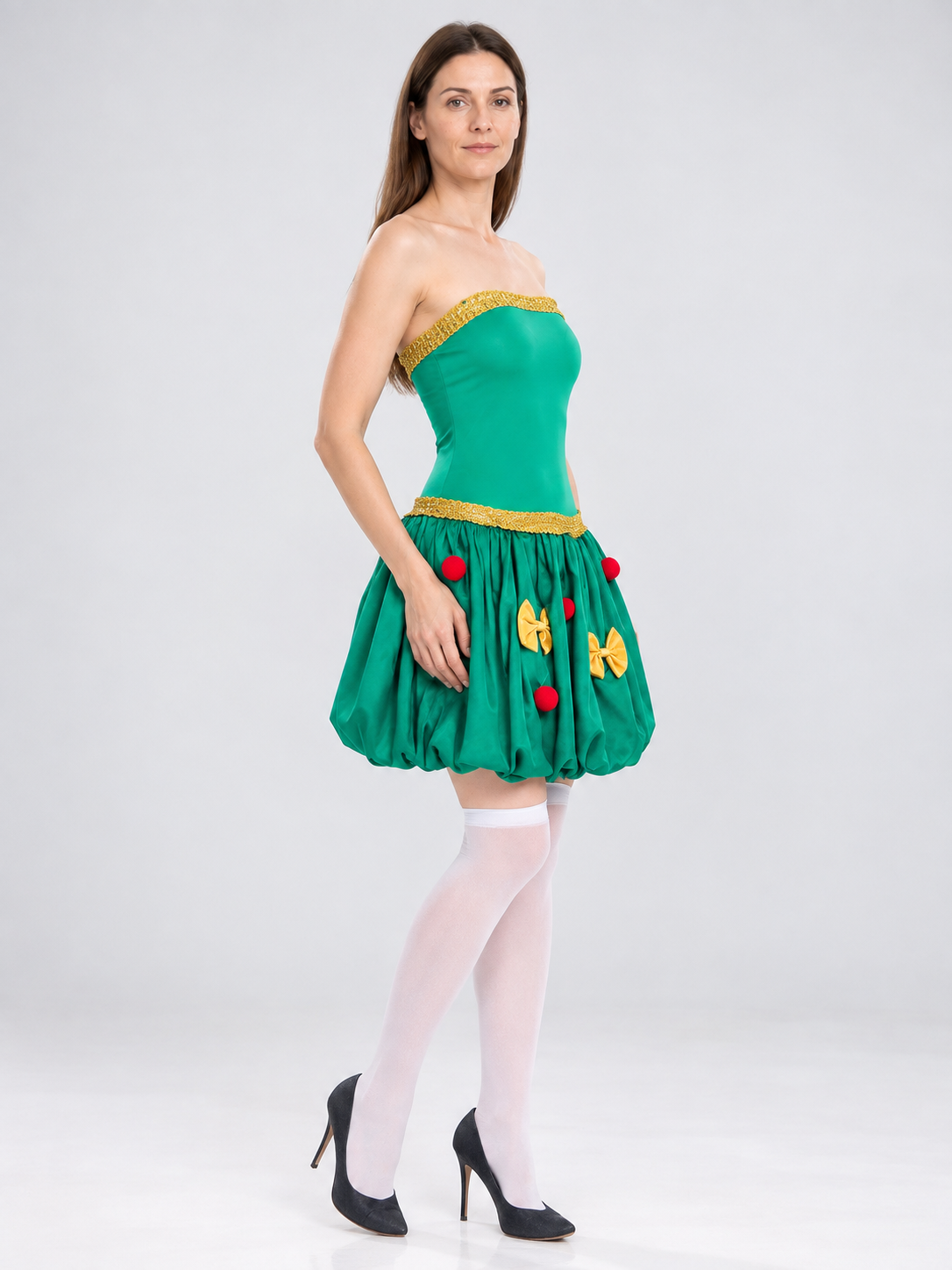 Green Carnival Dress with Bows and Pom-Poms side view