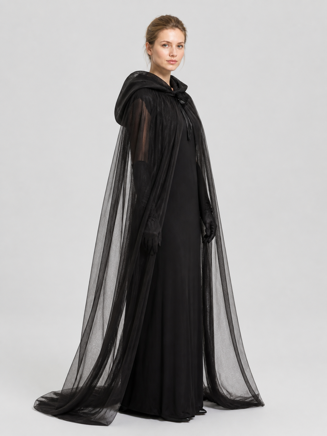 Long Black Hooded Mesh Cloak for Halloween side view