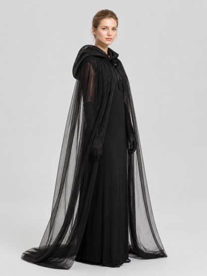 Long Black Hooded Mesh Cloak for Halloween side view