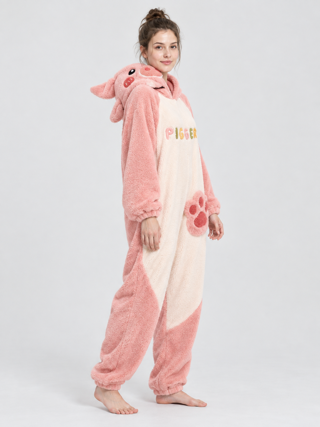 Pink and cream pig-hooded pajama jumpsuit
