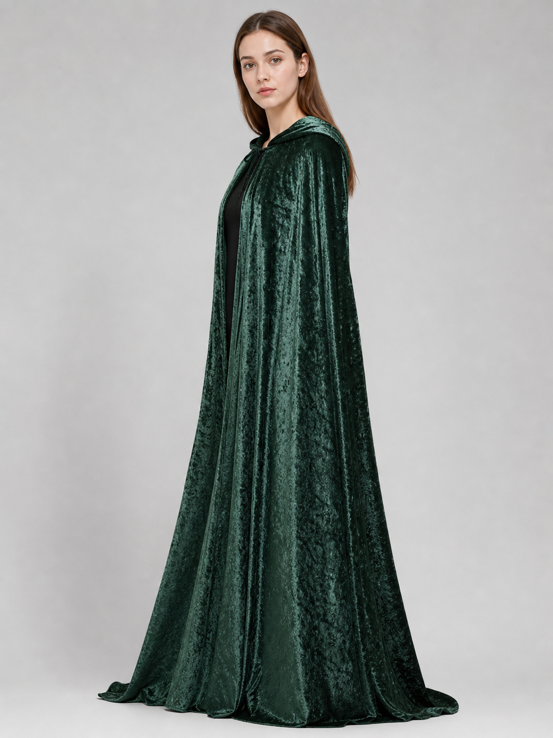 Dark green hooded velvet costume cape product view 57