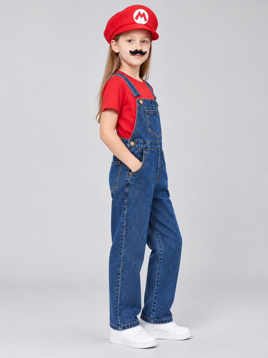 Children’s Mario Costume with Cap and Mustache side view