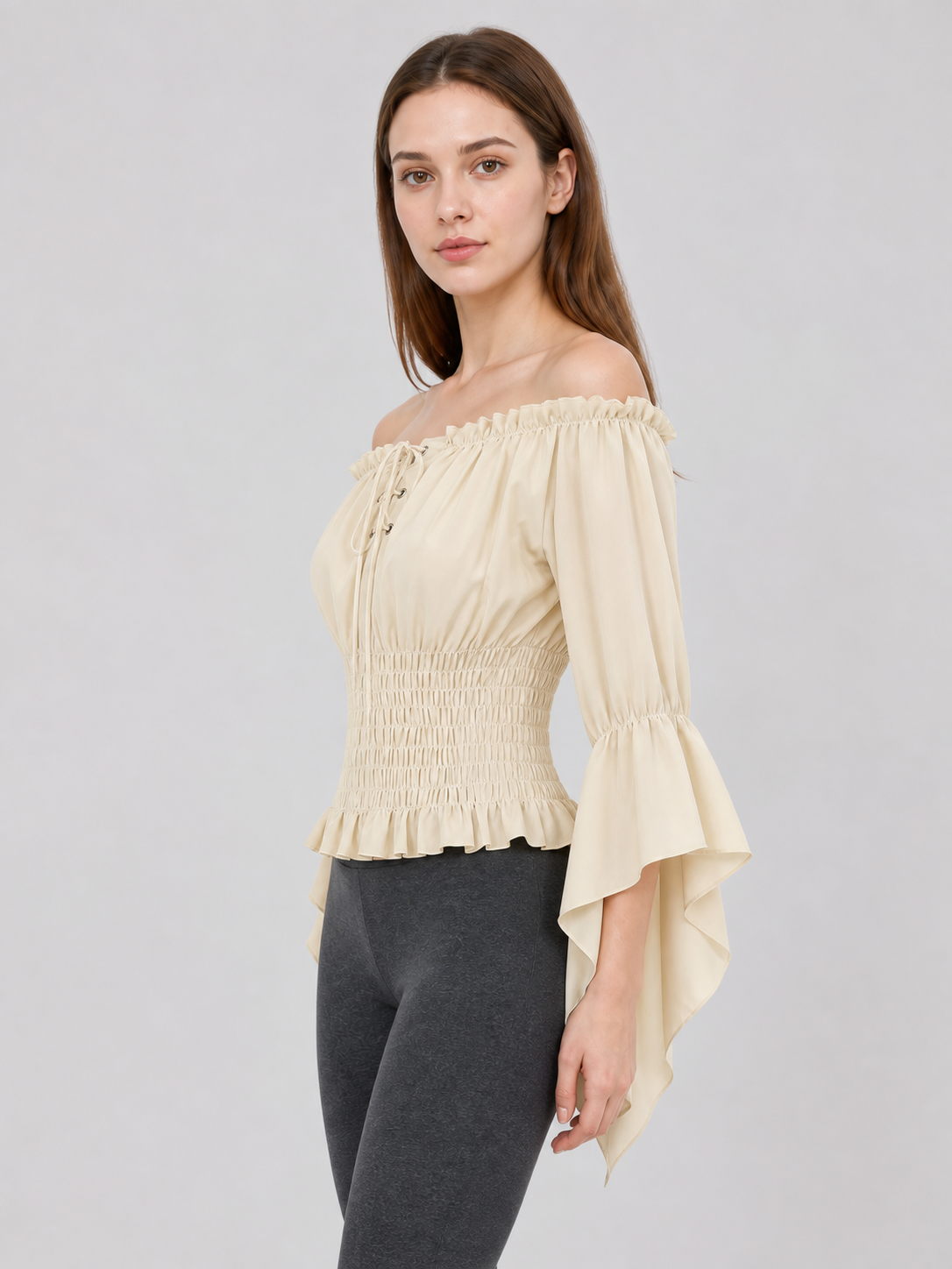Off-the-Shoulder Lace-Up Blouse, Beige