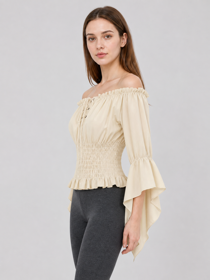 Off-the-Shoulder Lace-Up Blouse, Beige
