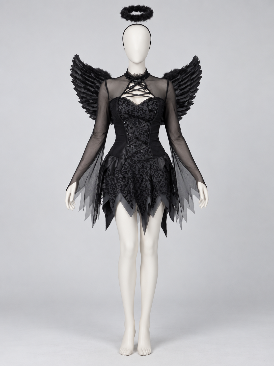 Black vampire carnival costume: dress, wings, halo