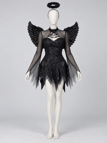 Black vampire carnival costume: dress, wings, halo