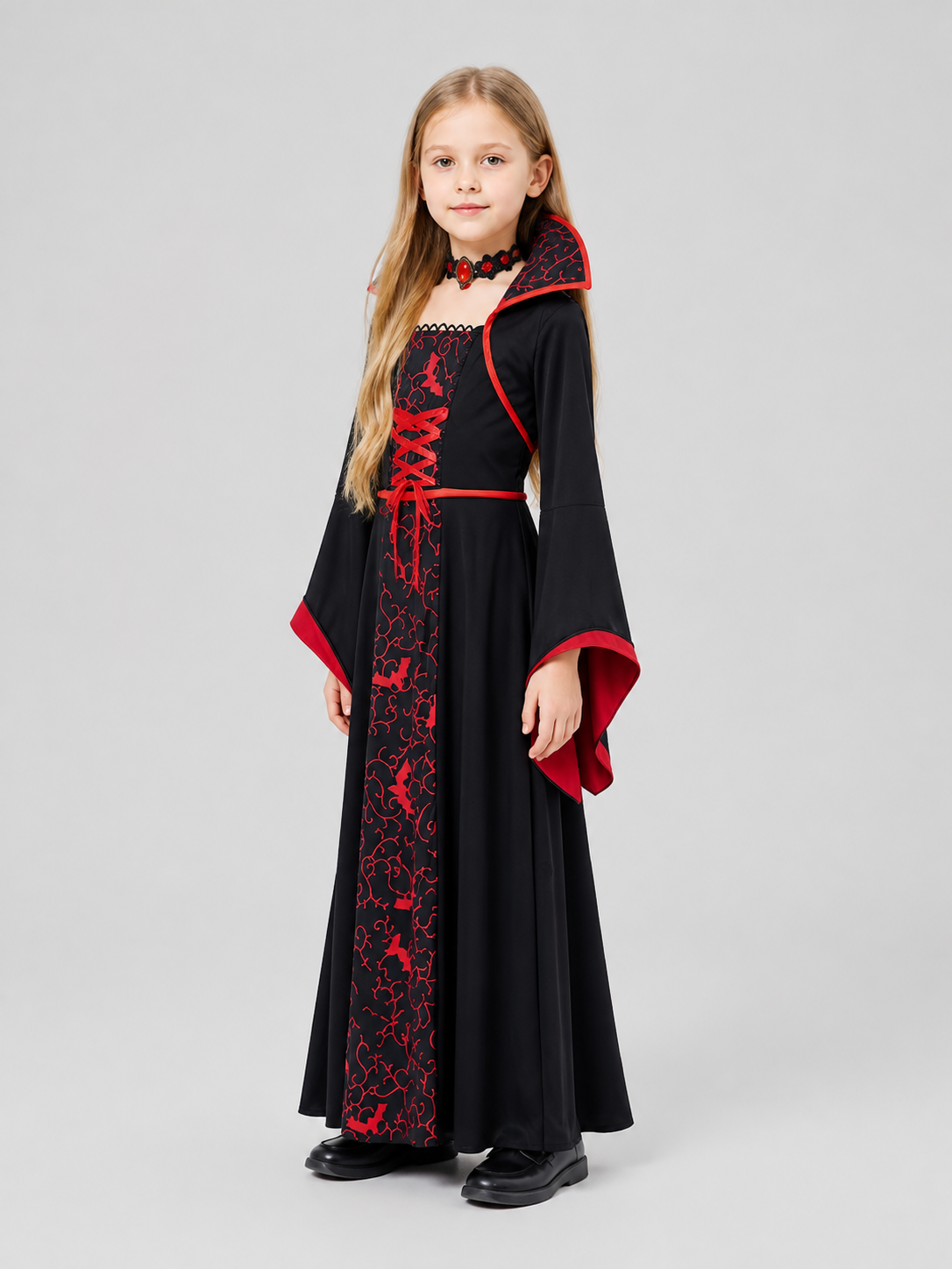 Black and Red Kids' Vampire and Witch Costume for Halloween side view
