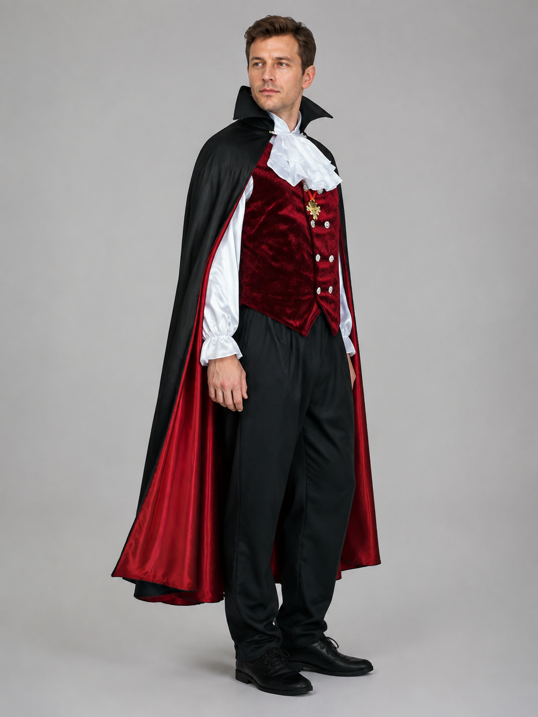 Vampire Costume with Burgundy Vest, Jabot, and Cape side view