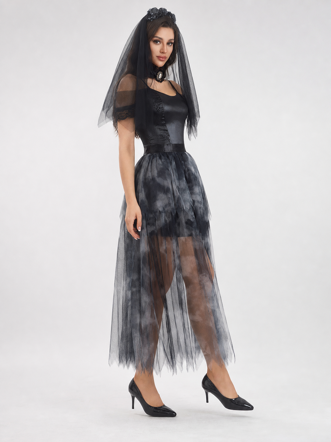 Gothic Black Cosplay Dress, Shorter in Front